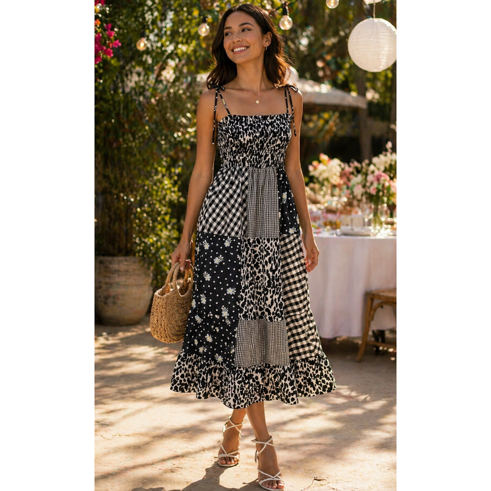 Tiered Black and White Patchwork Dress Womens Sz M Sandy Liang Boho Cottagecore